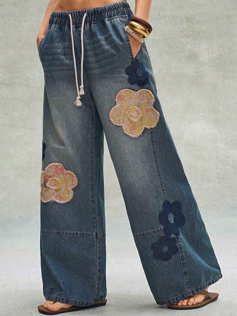 Floral patchwork pants wide leg denim wash jogger